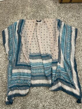 Lucky Brand Kimono Cardigan Womens One Size Blue Gray Eyelet Boho Tassles